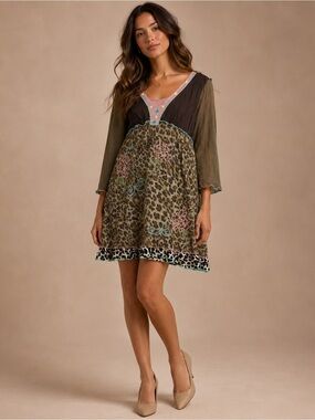 Urban Mango Leopard Floral Embroidered Boho Tunic Dress Size L